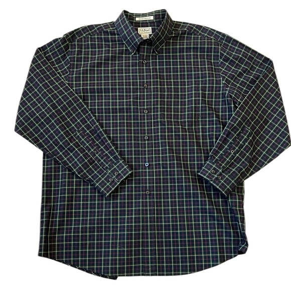 L.L. Bean Navy Blue Tartan Plaid Button Down Cotton Shirt Wrinkle Resistant XL - Picture 1 of 13